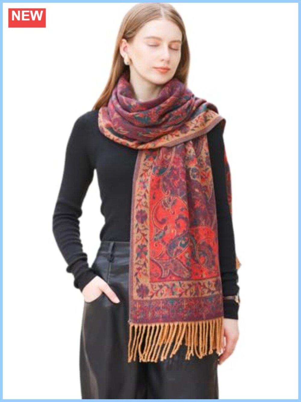 Wool Cotton Blend Paisley Jacquard Scarf Shawl Blanket Wrap Tassels